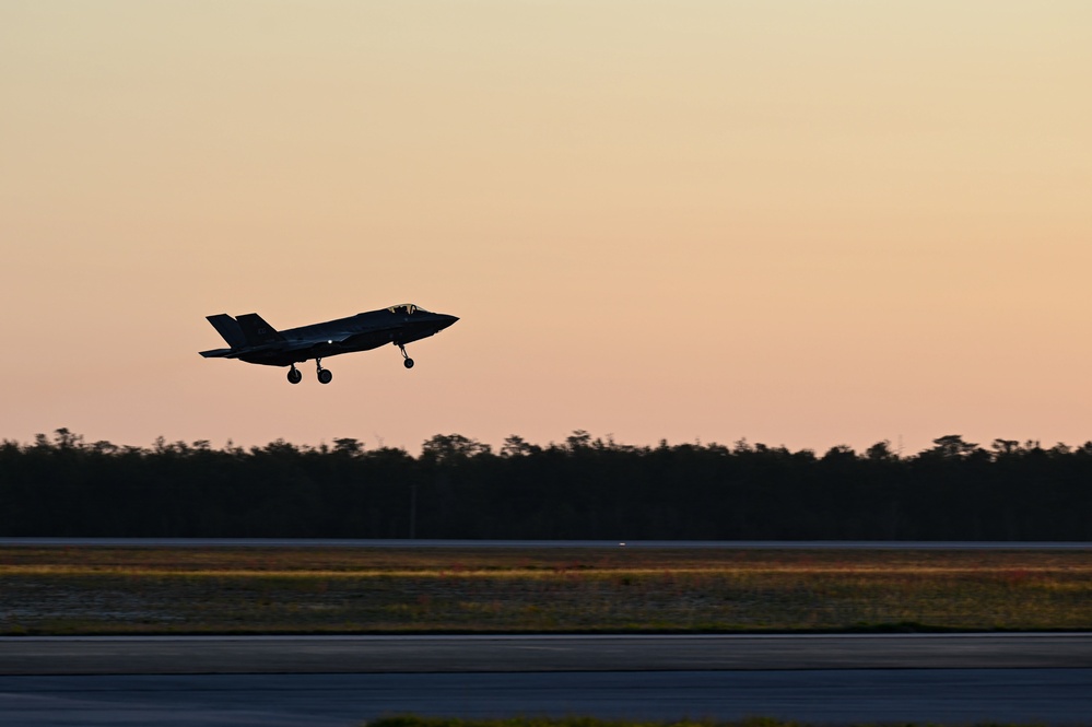 F-35A Lightning II taking off at sunrise