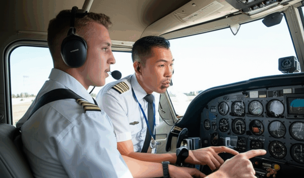 Student pilot in flight training cockpit
