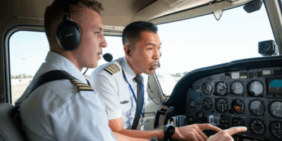 Student pilot in flight training cockpit
