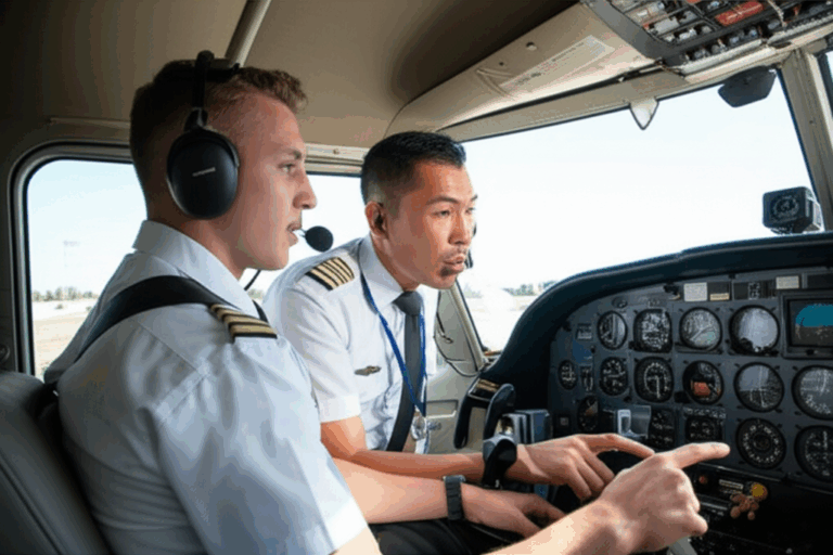 Student pilot in flight training cockpit
