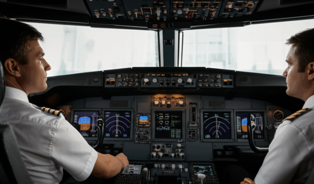 Commercial airline pilot in cockpit