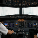 Commercial airline pilot in cockpit