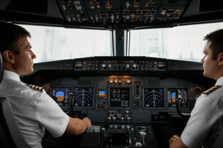 Commercial airline pilot in cockpit