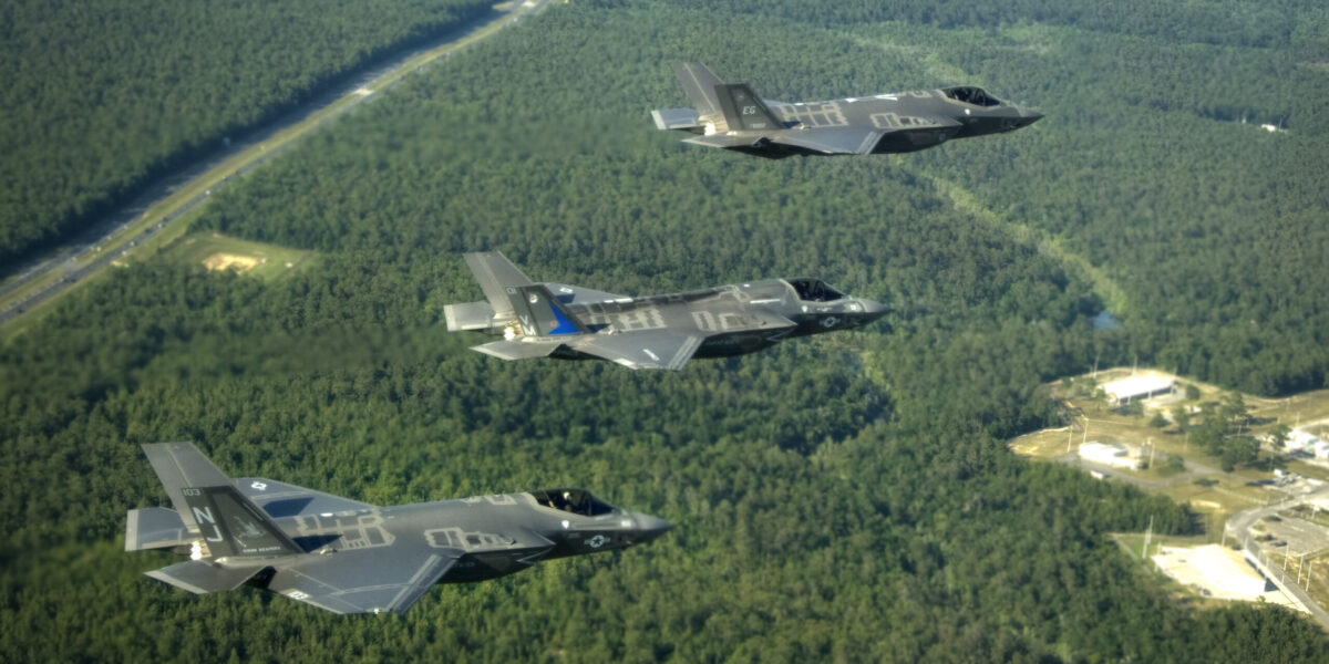 F-35 Lightning II fighter jets in formation