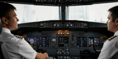 Commercial airline pilot in cockpit