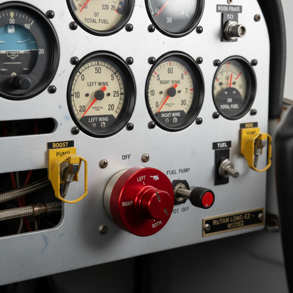 Long-EZ aircraft cockpit instruments and fuel selector