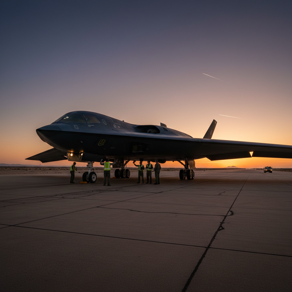 B-2 bomber on ground with crew showing scale