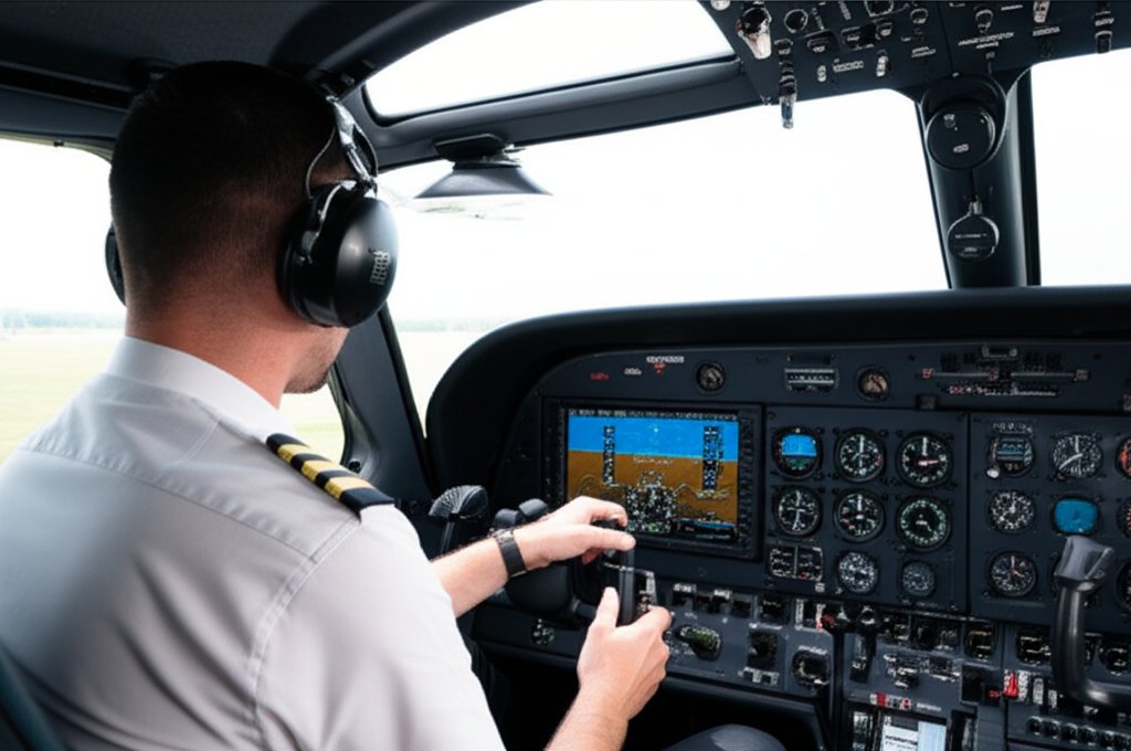 Pilot in training with flight instructor in cockpit
